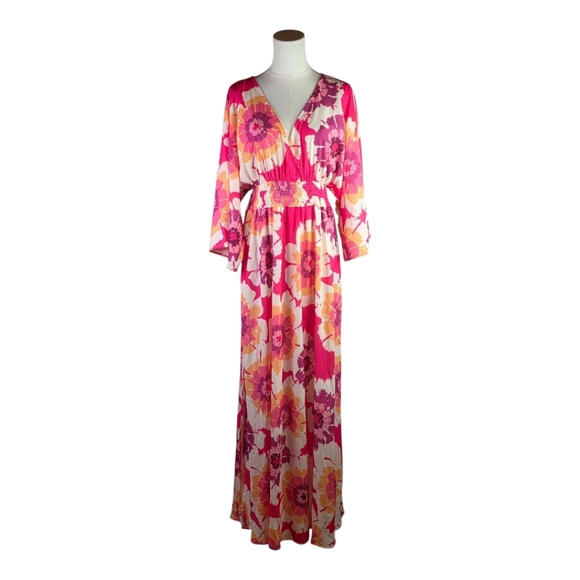 Flying Tomato Pink Floral Maxi Dress M Boho Kimono Sleeve Smocked Waist - Picture 1 of 12